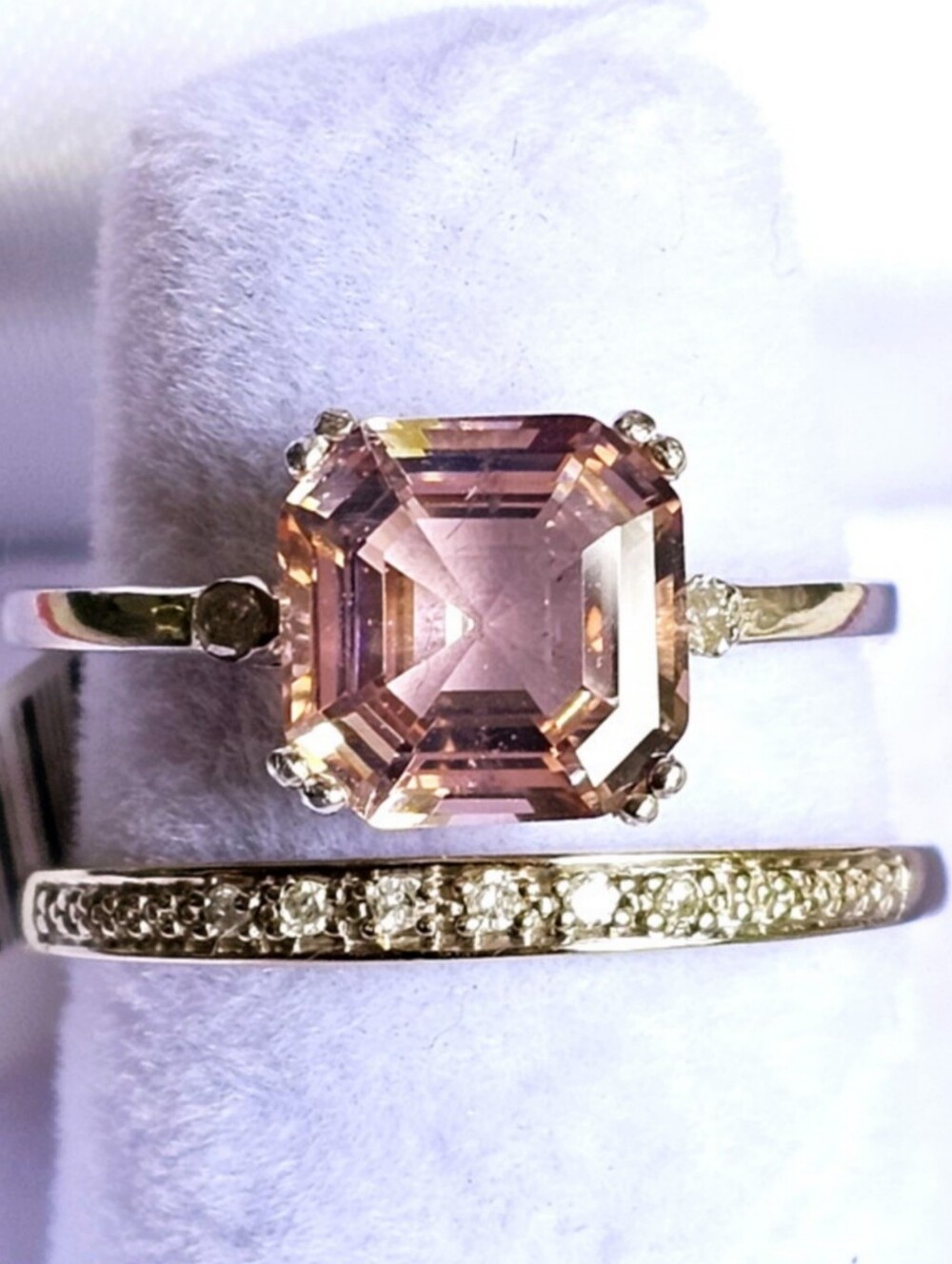 10k White Gold Cushion Cut Morganite Solitaire Ring & 10k Diamond Band Ring